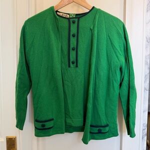 Kelly Green Cashmere Cardigan set with Navy Trim